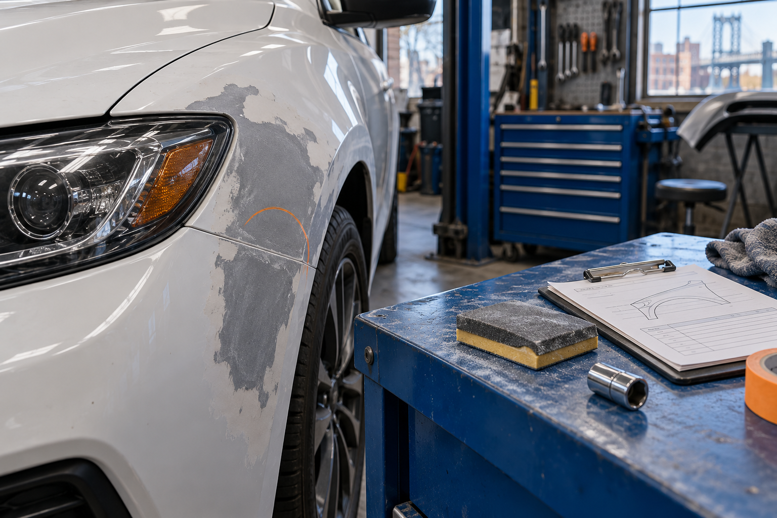 Illustrative auto body repair workbench and white car fender; not a photograph of Brooklyn Auto Collision.